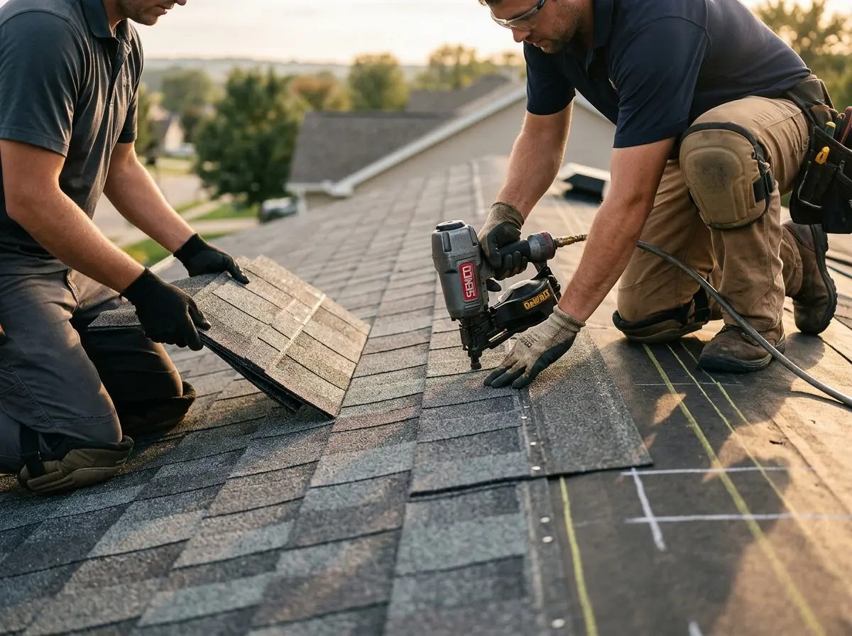 Professional roofer working on a residential roof in Wallingford
